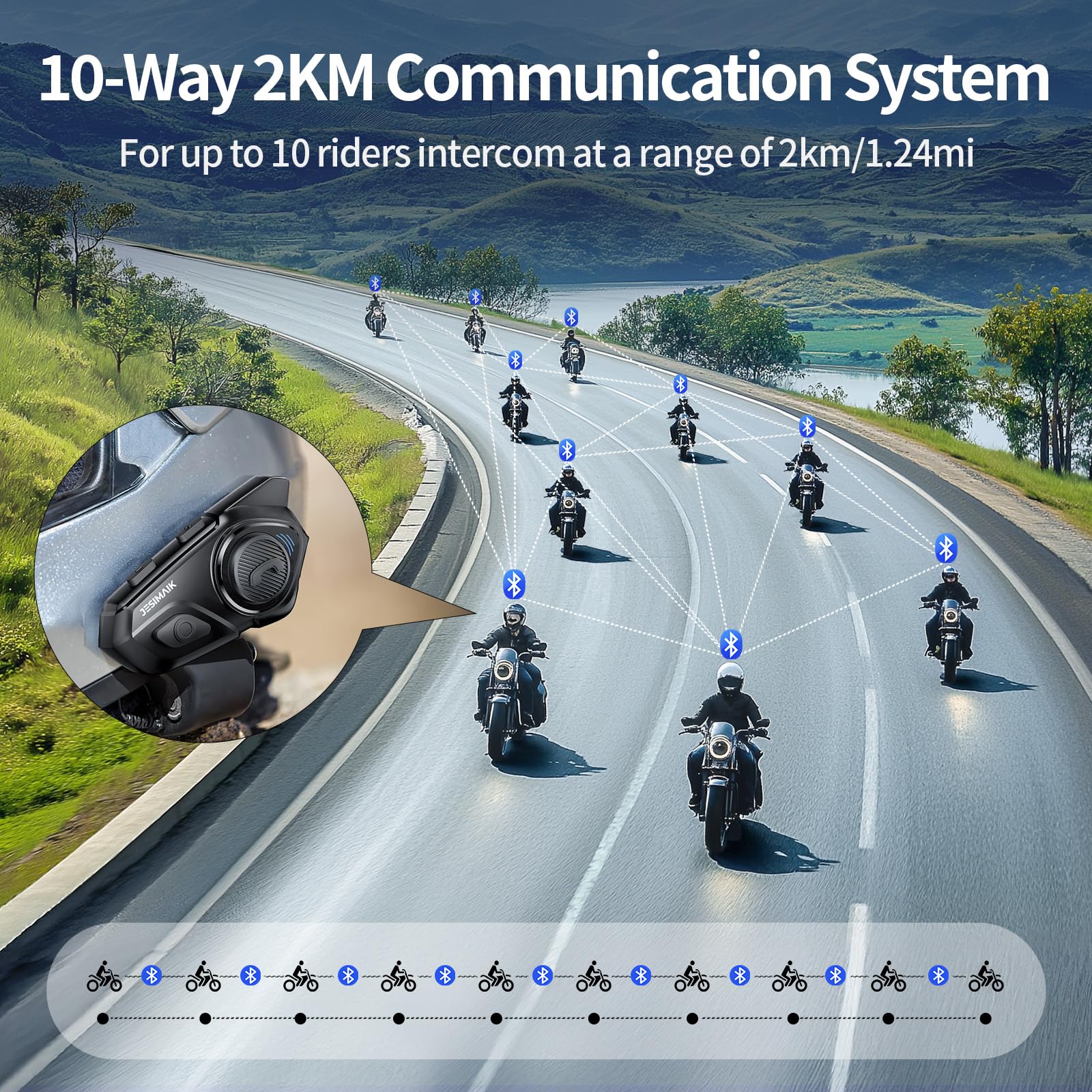 JESIMAIK Motorcycle Helmet Bluetooth Headset, 10-Rider 2KM